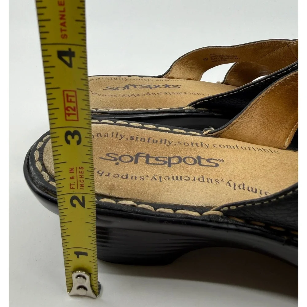 Softspots Womens Black Leather Strappy‎ Wedge Slide Sandals Toe Loop Size 6M